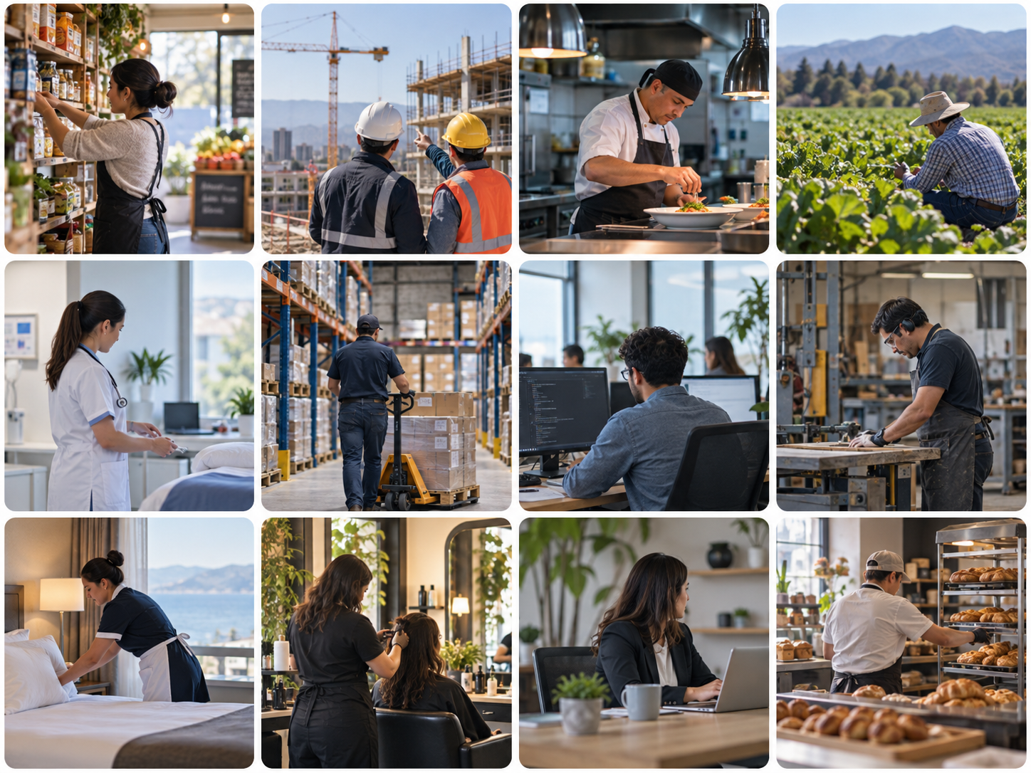 Mosaico de pequeños negocios de distintos rubros: comercio, construcción, salud, gastronomía, agricultura y otros